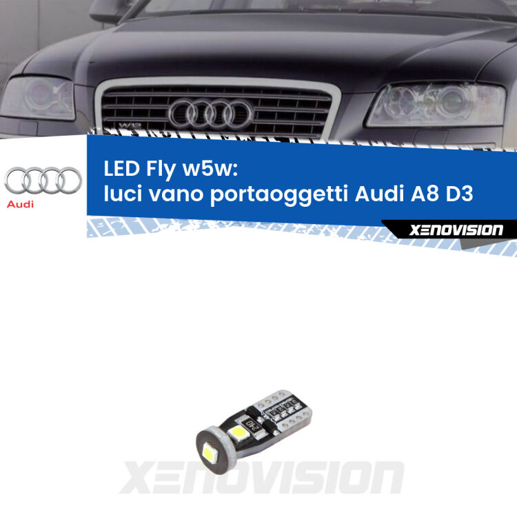 <strong>luci vano portaoggetti LED per Audi A8</strong> D3 2002 - 2009. Coppia lampadine <strong>w5w</strong> Canbus compatte modello Fly Xenovision.