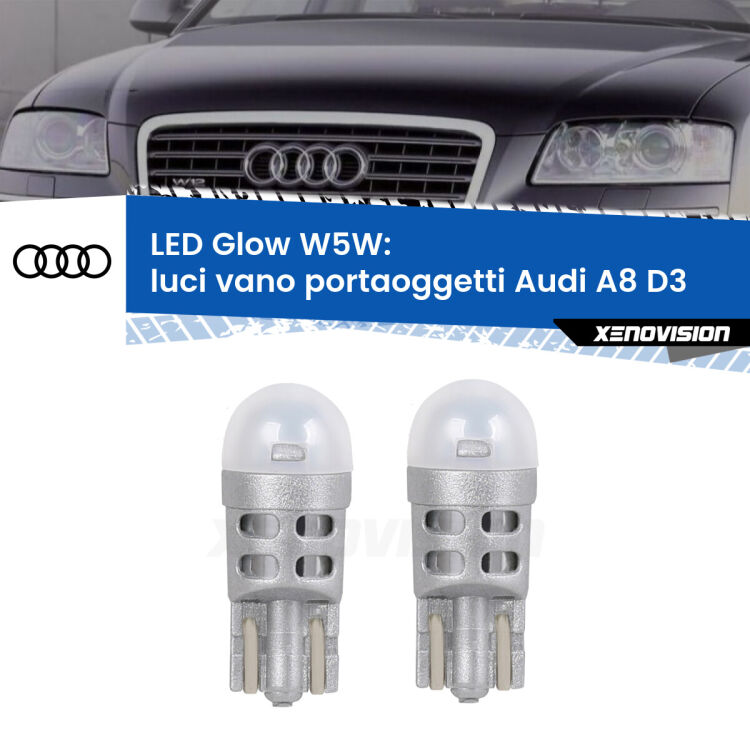 Luci Vano Portaoggetti LED Audi A8 D3 2002 - 2009: W5W Glow a Luce Calda <strong>Luci Vano Portaoggetti LED luce calda per Audi A8</strong> D3 2002 - 2009. Coppia lampade <strong>W5W</strong> modello Glow di Xenovision.