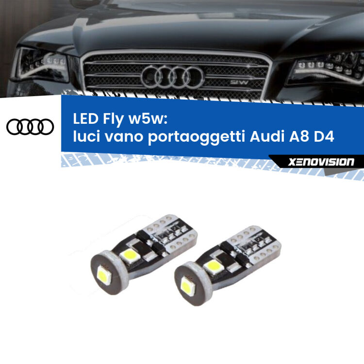 0 Luci Vano Portaoggetti LED Audi A8 D4 2009 - 2018: W5W Fly <strong>luci vano portaoggetti LED per Audi A8</strong> D4 2009 - 2018. Coppia lampadine <strong>w5w</strong> Canbus compatte modello Fly Xenovision.