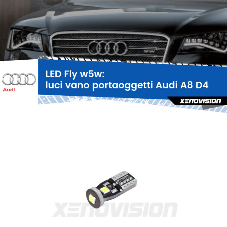<strong>luci vano portaoggetti LED per Audi A8</strong> D4 2009 - 2018. Coppia lampadine <strong>w5w</strong> Canbus compatte modello Fly Xenovision.