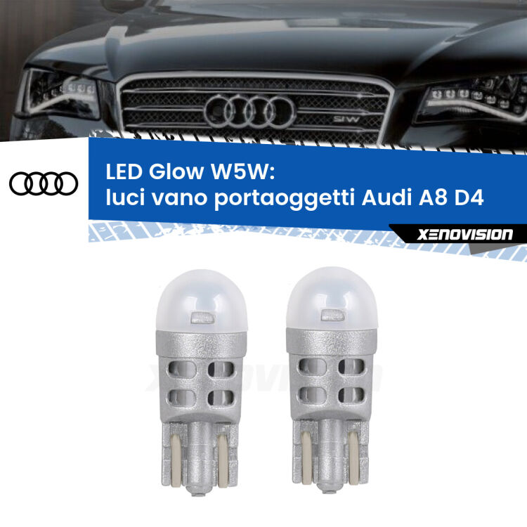 Luci Vano Portaoggetti LED Audi A8 D4 2009 - 2018: W5W Glow a Luce Calda <strong>Luci Vano Portaoggetti LED luce calda per Audi A8</strong> D4 2009 - 2018. Coppia lampade <strong>W5W</strong> modello Glow di Xenovision.