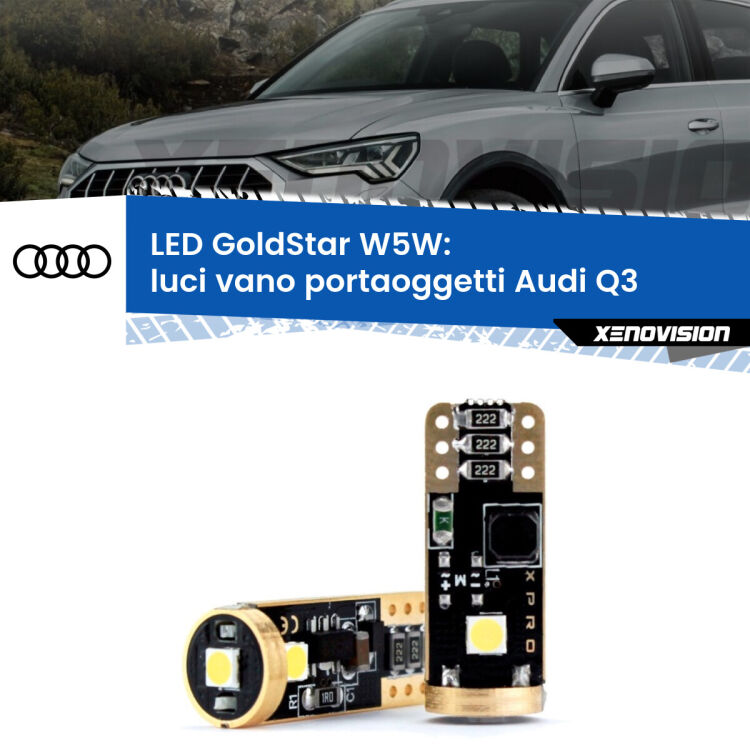 0 Luci Vano Portaoggetti LED Audi Q3 2011 - 2018: T10 GoldStar <strong>Luci Vano Portaoggetti LED Audi Q3</strong> 2011 - 2018: ottima luminosità a 360 gradi. Si inseriscono ovunque. Canbus, Top Quality.