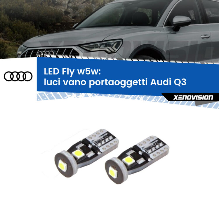 0 Luci Vano Portaoggetti LED Audi Q3 2011 - 2018: W5W Fly <strong>luci vano portaoggetti LED per Audi Q3</strong> 2011 - 2018. Coppia lampadine <strong>w5w</strong> Canbus compatte modello Fly Xenovision.