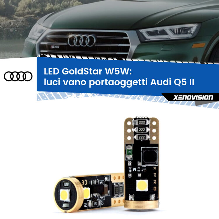0 Luci Vano Portaoggetti LED Audi Q5 II 2018 in poi: T10 GoldStar <strong>Luci Vano Portaoggetti LED Audi Q5</strong> II 2018 in poi: ottima luminosità a 360 gradi. Si inseriscono ovunque. Canbus, Top Quality.