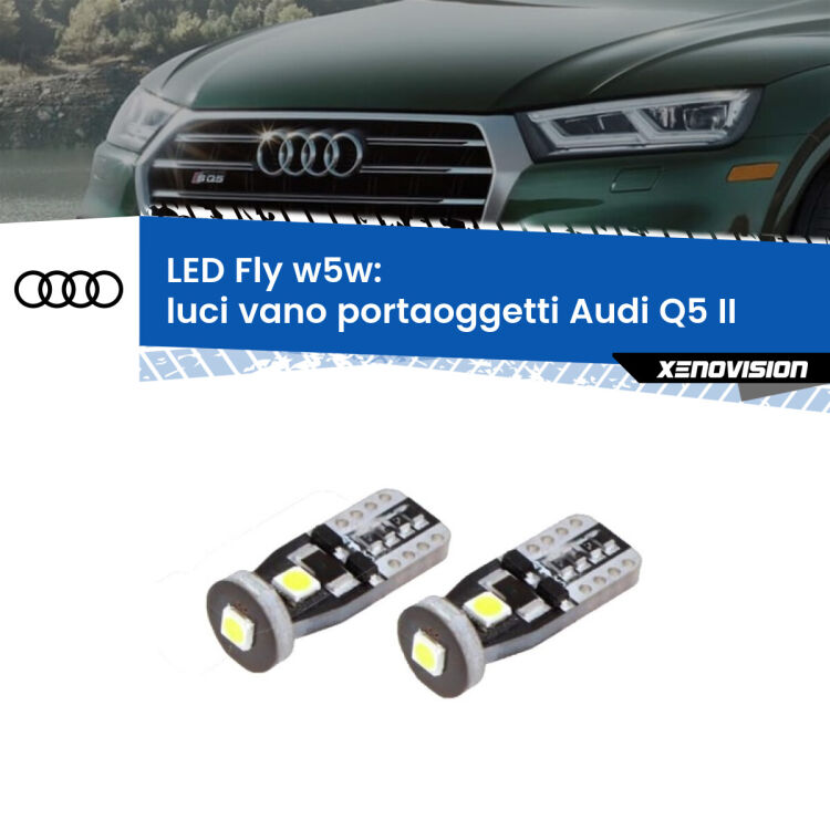 0 Luci Vano Portaoggetti LED Audi Q5 II 2018 in poi: W5W Fly <strong>luci vano portaoggetti LED per Audi Q5</strong> II 2018 in poi. Coppia lampadine <strong>w5w</strong> Canbus compatte modello Fly Xenovision.