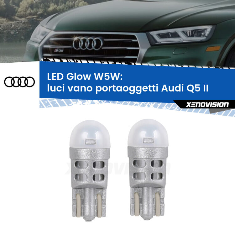Luci Vano Portaoggetti LED Audi Q5 II 2018 in poi: W5W Glow a Luce Calda <strong>Luci Vano Portaoggetti LED luce calda per Audi Q5</strong> II 2018 in poi. Coppia lampade <strong>W5W</strong> modello Glow di Xenovision.