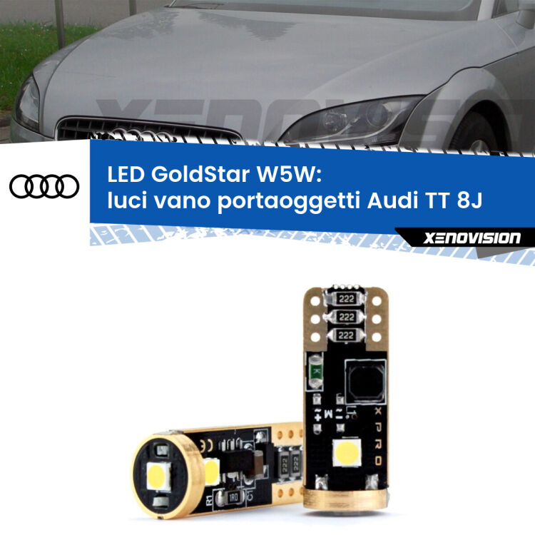 0 Luci Vano Portaoggetti LED Audi TT 8J 2006 - 2014: T10 GoldStar <strong>Luci Vano Portaoggetti LED Audi TT</strong> 8J 2006 - 2014: ottima luminosità a 360 gradi. Si inseriscono ovunque. Canbus, Top Quality.