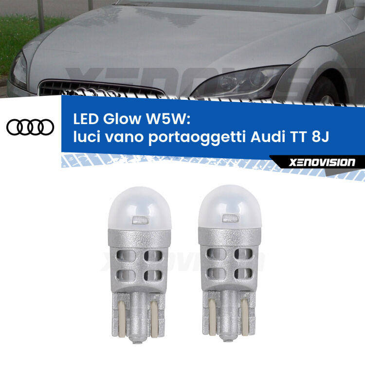 Luci Vano Portaoggetti LED Audi TT 8J 2006 - 2014: W5W Glow a Luce Calda <strong>Luci Vano Portaoggetti LED luce calda per Audi TT</strong> 8J 2006 - 2014. Coppia lampade <strong>W5W</strong> modello Glow di Xenovision.
