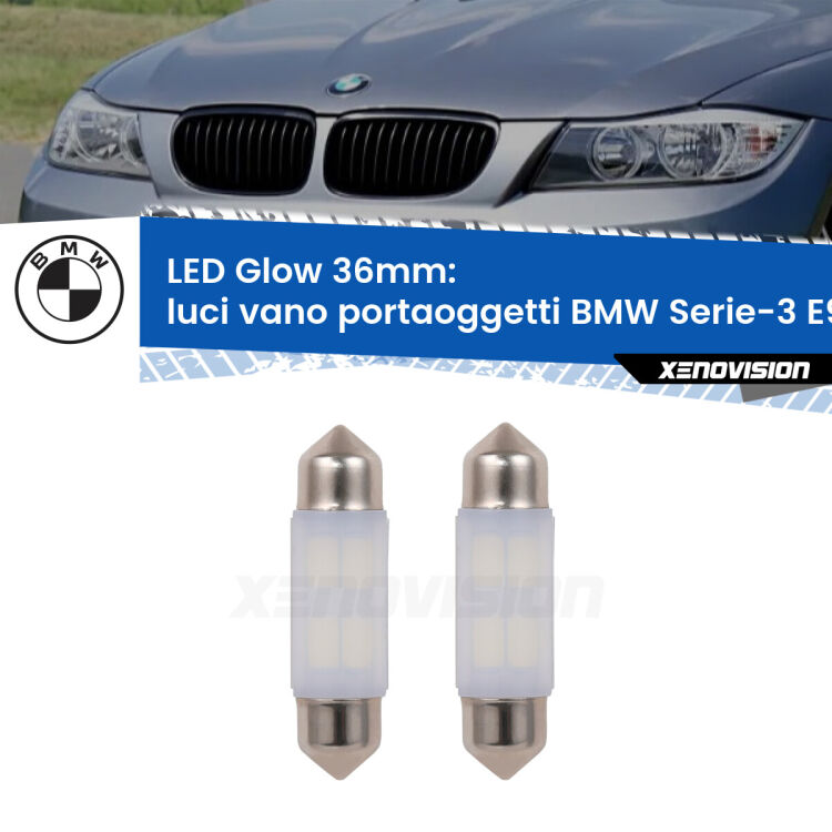 Luci Vano Portaoggetti LED BMW Serie-3 E90 2005 - 2011: C5W Glow a Luce Calda (Coppia) <strong>Luci Vano Portaoggetti LED luce calda per BMW Serie-3</strong> E90 2005 - 2011. Coppia lampade <strong>C5W</strong> 36mm modello Glow di Xenovision.