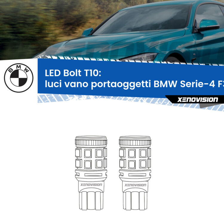 Luci Vano Portaoggetti LED BMW Serie-4 F32, F82 2013 - 2019: T10 Bolt <strong>Luci Vano Portaoggetti LED per BMW Serie-4</strong> F32, F82 2013 - 2019. Coppia lampade <strong>T10</strong> modello Bolt canbus.