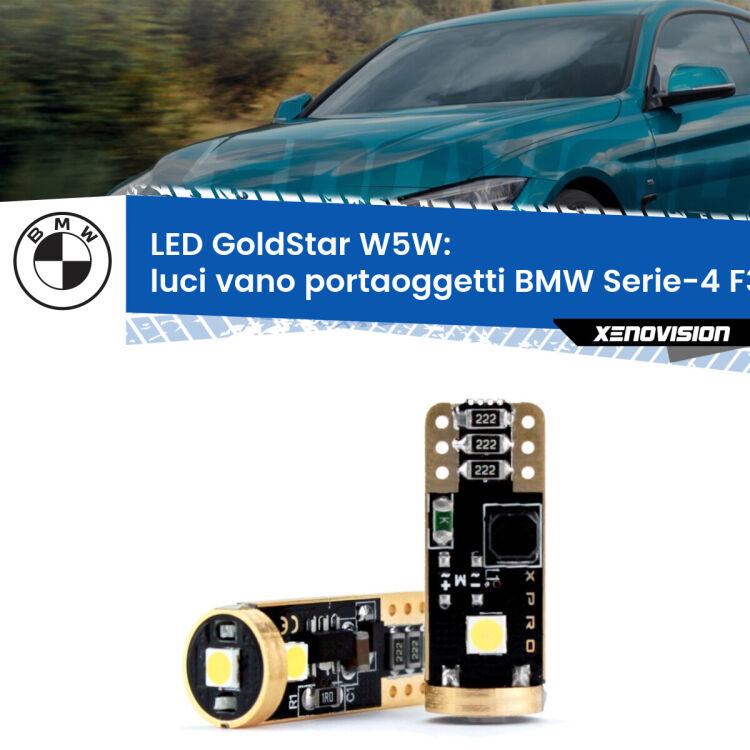 Luci Vano Portaoggetti LED BMW Serie-4 F32, F82 2013 - 2019: T10 GoldStar <strong>Luci Vano Portaoggetti LED BMW Serie-4</strong> F32, F82 2013 - 2019: ottima luminosità a 360 gradi. Si inseriscono ovunque. Canbus, Top Quality.