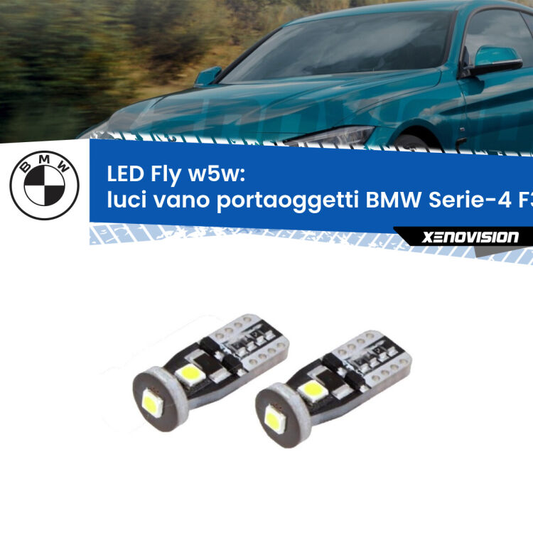 Luci Vano Portaoggetti LED BMW Serie-4 F32, F82 2013 - 2019: W5W Fly <strong>luci vano portaoggetti LED per BMW Serie-4</strong> F32, F82 2013 - 2019. Coppia lampadine <strong>w5w</strong> Canbus compatte modello Fly Xenovision.