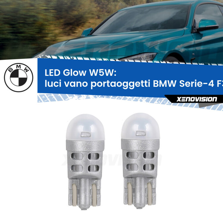 Luci Vano Portaoggetti LED BMW Serie-4 F32, F82 2013 - 2019: W5W Glow a Luce Calda <strong>Luci Vano Portaoggetti LED luce calda per BMW Serie-4</strong> F32, F82 2013 - 2019. Coppia lampade <strong>W5W</strong> modello Glow di Xenovision.