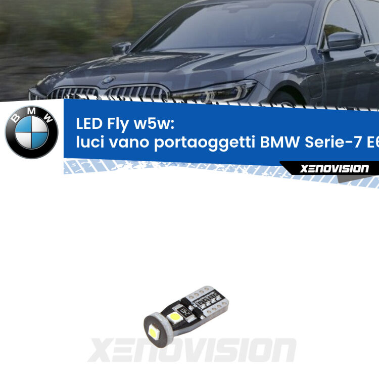 <strong>luci vano portaoggetti LED per BMW Serie-7</strong> E65, E66, E67 2001 - 2008. Coppia lampadine <strong>w5w</strong> Canbus compatte modello Fly Xenovision.