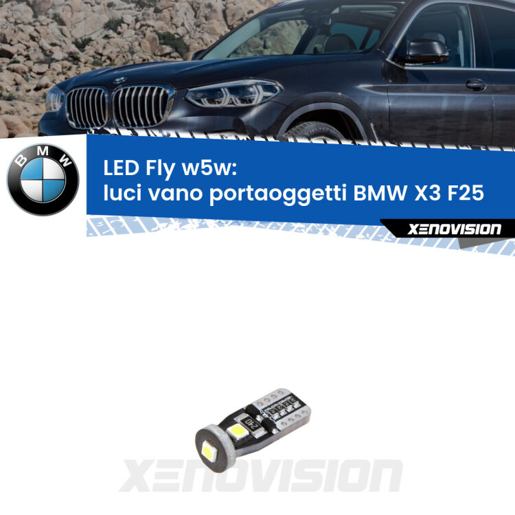 <strong>luci vano portaoggetti LED per BMW X3</strong> F25 2010 - 2016. Coppia lampadine <strong>w5w</strong> Canbus compatte modello Fly Xenovision.