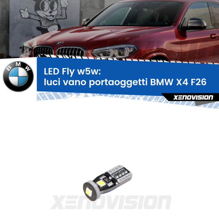<strong>luci vano portaoggetti LED per BMW X4</strong> F26 2014 - 2017. Coppia lampadine <strong>w5w</strong> Canbus compatte modello Fly Xenovision.