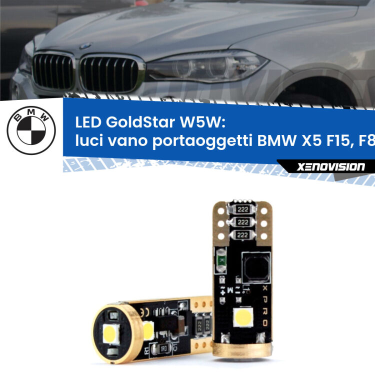 0 Luci Vano Portaoggetti LED BMW X5 F15, F85 2014 - 2018: T10 GoldStar <strong>Luci Vano Portaoggetti LED BMW X5</strong> F15, F85 2014 - 2018: ottima luminosità a 360 gradi. Si inseriscono ovunque. Canbus, Top Quality.