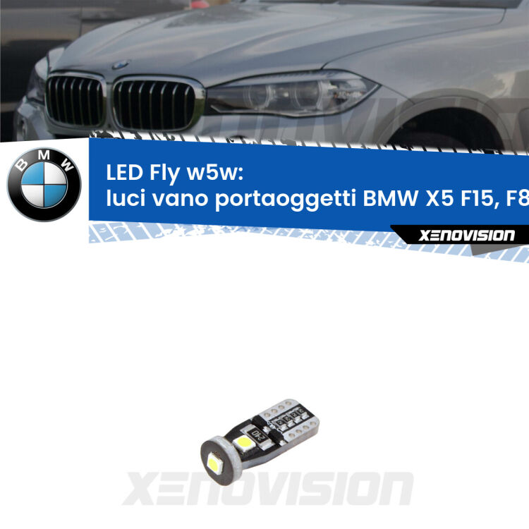 <strong>luci vano portaoggetti LED per BMW X5</strong> F15, F85 2014 - 2018. Coppia lampadine <strong>w5w</strong> Canbus compatte modello Fly Xenovision.