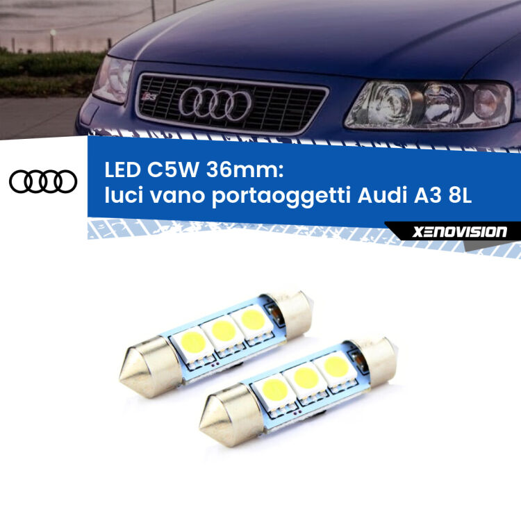 0 Luci Vano Portaoggetti LED c5w 36mm Audi A3 8L 1996 - 2003 (Coppia) <strong>Luci Vano Portaoggetti LED per Audi A3</strong> 8L 1996 - 2003. Coppia lampade <strong>C5W</strong> 36mm estremamente longeve.