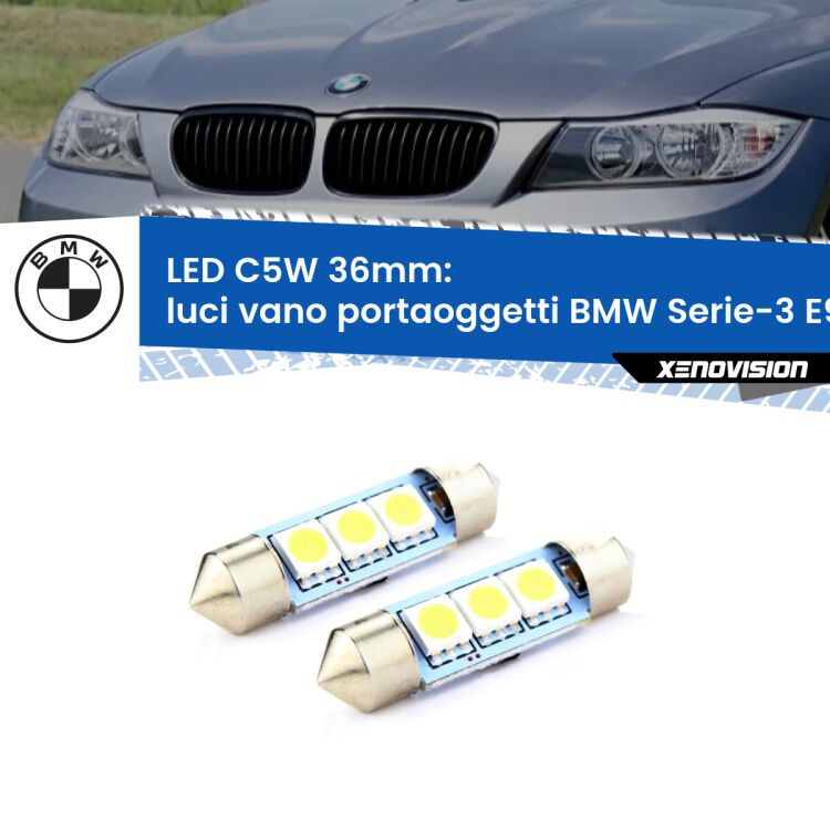 0 Luci Vano Portaoggetti LED c5w 36mm BMW Serie-3 E90 2005 - 2011 (Coppia) <strong>Luci Vano Portaoggetti LED per BMW Serie-3</strong> E90 2005 - 2011. Coppia lampade <strong>C5W</strong> 36mm estremamente longeve.