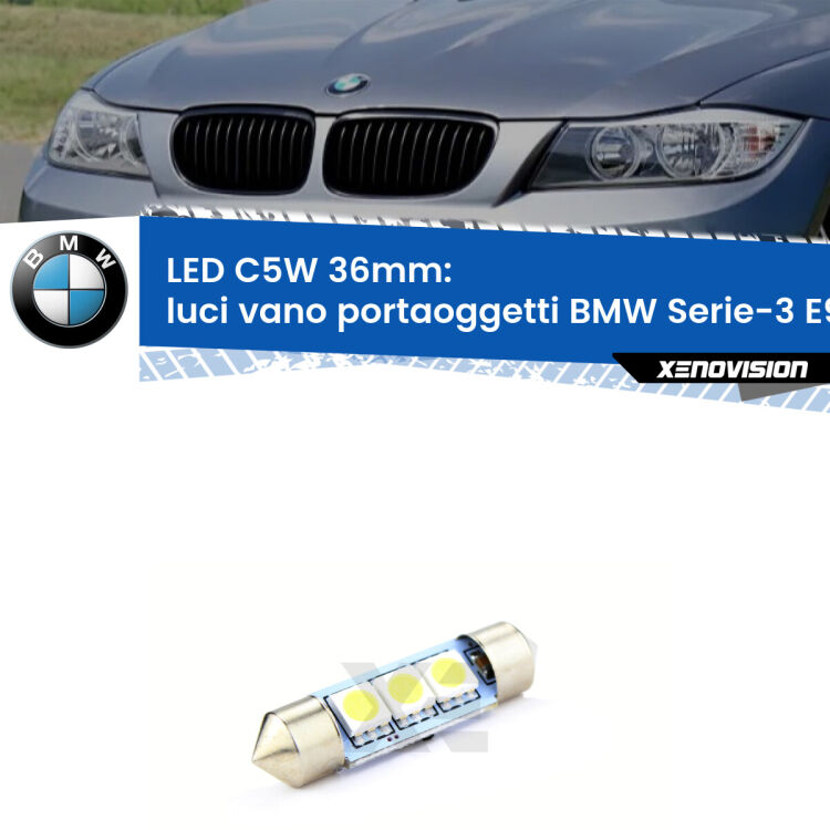 LED Luci Vano Portaoggetti BMW Serie-3 E90 2005 - 2011. Una lampadina led innesto C5W 36mm canbus estremamente longeva.