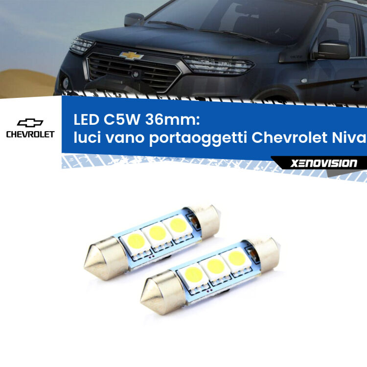 0 Luci Vano Portaoggetti LED c5w 36mm Chevrolet Niva 2123 2002 - 2009 (Coppia) <strong>Luci Vano Portaoggetti LED per Chevrolet Niva</strong> 2123 2002 - 2009. Coppia lampade <strong>C5W</strong> 36mm estremamente longeve.