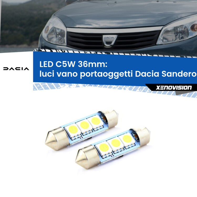 0 Luci Vano Portaoggetti LED c5w 36mm Dacia Sandero I 2008 - 2012 (Coppia) <strong>Luci Vano Portaoggetti LED per Dacia Sandero I</strong> 2008 - 2012. Coppia lampade <strong>C5W</strong> 36mm estremamente longeve.