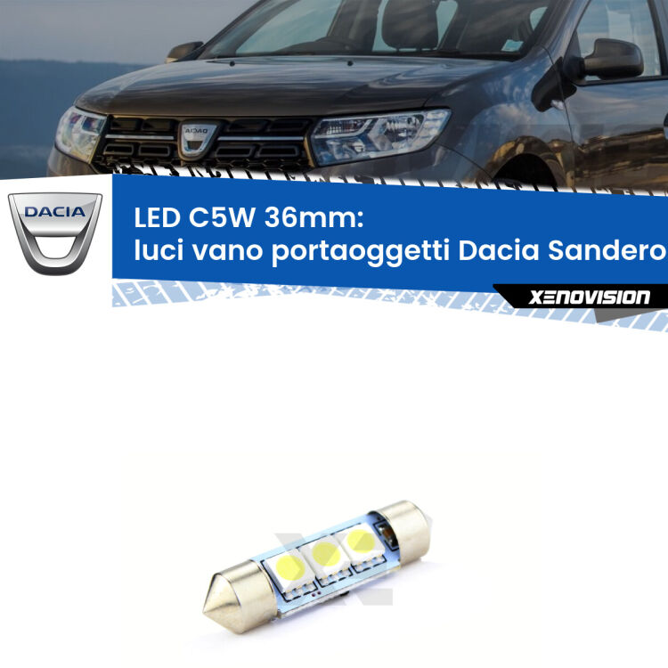 LED Luci Vano Portaoggetti Dacia Sandero Mk1 2008 - 2012. Una lampadina led innesto C5W 36mm canbus estremamente longeva.