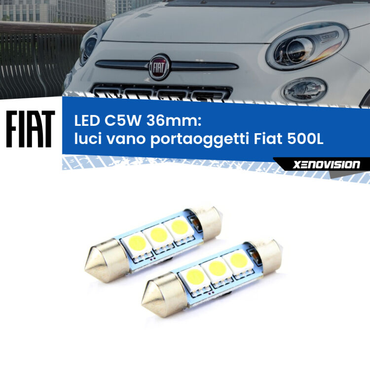 0 Luci Vano Portaoggetti LED c5w 36mm Fiat 500L 2012 - 2018 (Coppia) <strong>Luci Vano Portaoggetti LED per Fiat 500L</strong> 2012 - 2018. Coppia lampade <strong>C5W</strong> 36mm estremamente longeve.