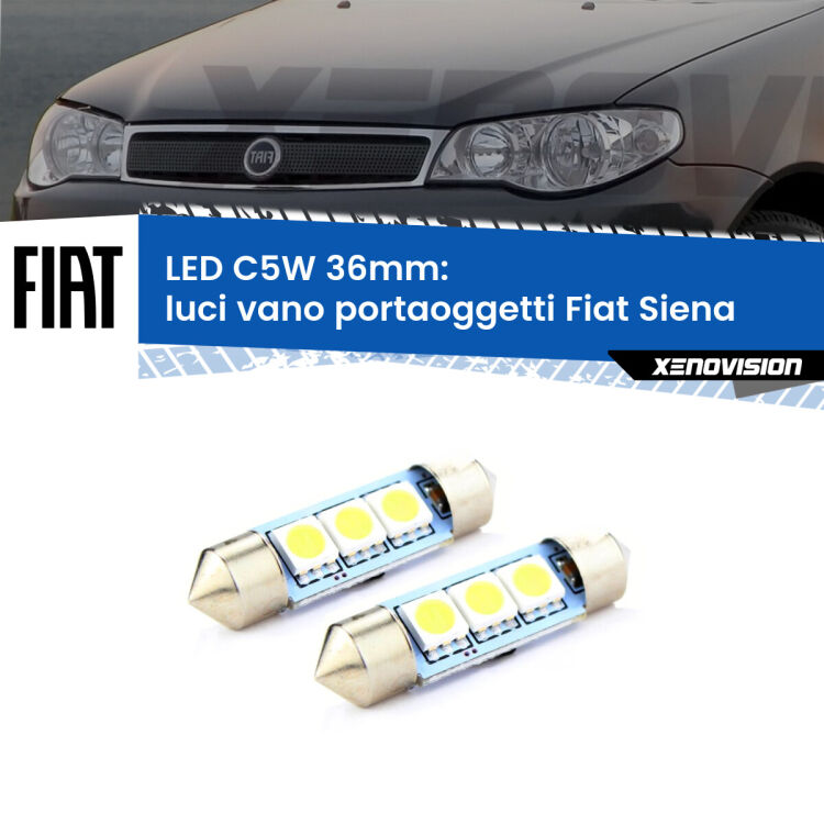 0 Luci Vano Portaoggetti LED c5w 36mm Fiat Siena  1996 - 2012 (Coppia) <strong>Luci Vano Portaoggetti LED per Fiat Siena</strong>  1996 - 2012. Coppia lampade <strong>C5W</strong> 36mm estremamente longeve.