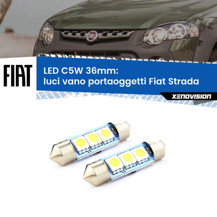 0 Luci Vano Portaoggetti LED c5w 36mm Fiat Strada 1999 - 2021 (Coppia) <strong>Luci Vano Portaoggetti LED per Fiat Strada</strong> 1999 - 2021. Coppia lampade <strong>C5W</strong> 36mm estremamente longeve.