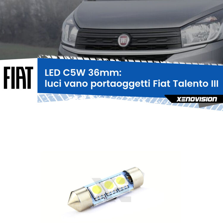 0 Luci Vano Portaoggetti LED c5w 36mm Fiat Talento III 2016 - 2020 (Coppia) <strong>Luci Vano Portaoggetti LED per Fiat Talento</strong> III 2016 - 2020. Coppia lampade <strong>C5W</strong> 36mm estremamente longeve.