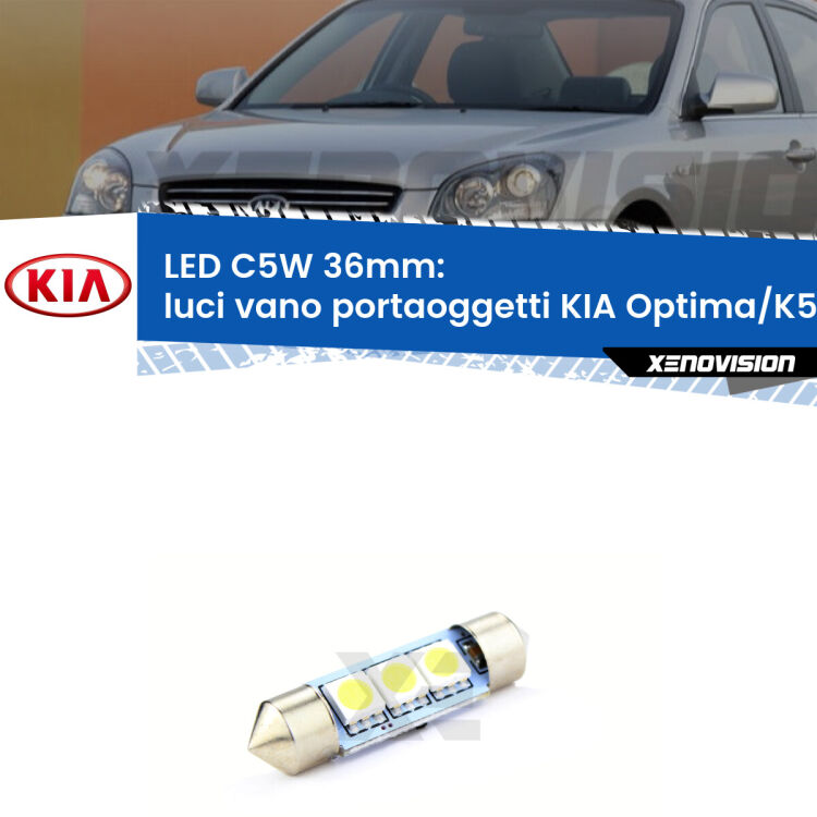 LED Luci Vano Portaoggetti KIA Optima/K5 JF 2015 - 2018. Una lampadina led innesto C5W 36mm canbus estremamente longeva.
