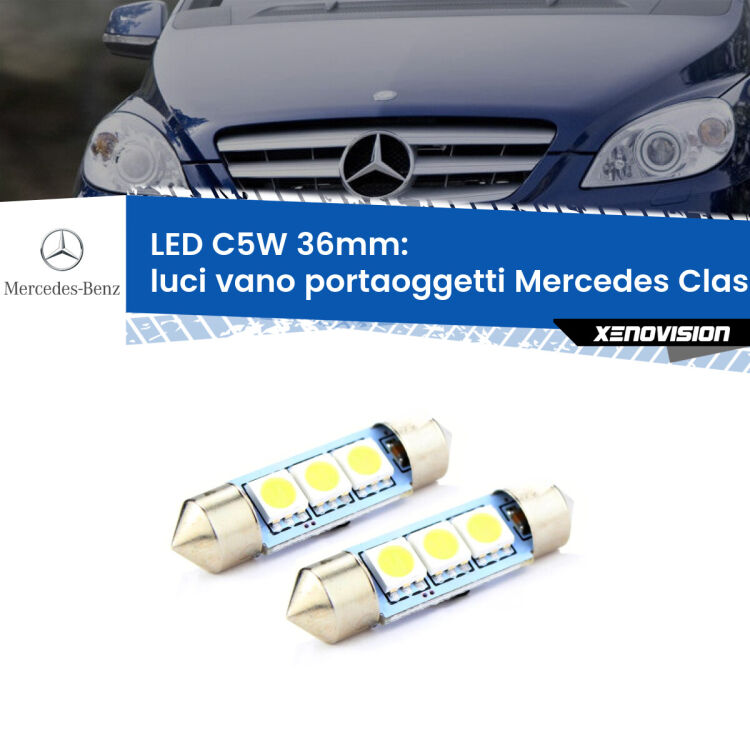 0 Luci Vano Portaoggetti LED c5w 36mm Mercedes Classe-B W245 2005 - 2011 (Coppia) <strong>Luci Vano Portaoggetti LED per Mercedes Classe-B</strong> W245 2005 - 2011. Coppia lampade <strong>C5W</strong> 36mm estremamente longeve.