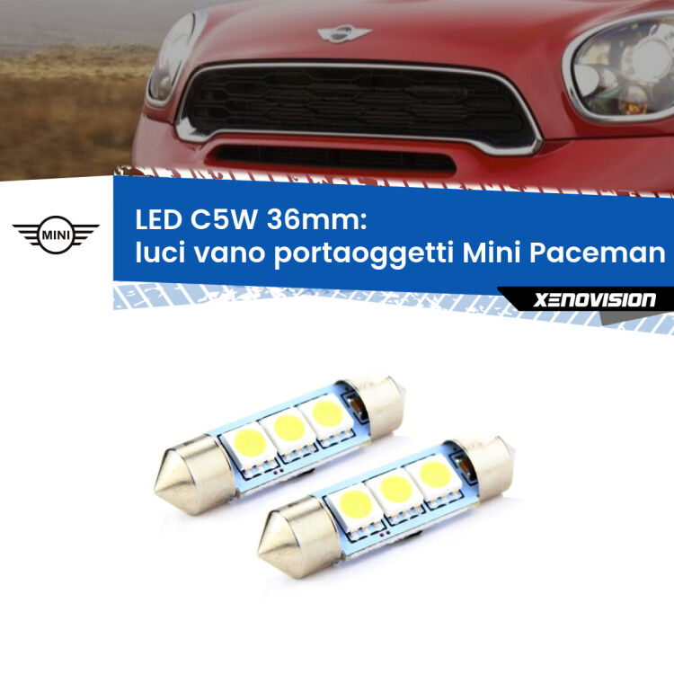 0 Luci Vano Portaoggetti LED c5w 36mm Mini Paceman R61 2012 - 2016 (Coppia) <strong>Luci Vano Portaoggetti LED per Mini Paceman</strong> R61 2012 - 2016. Coppia lampade <strong>C5W</strong> 36mm estremamente longeve.