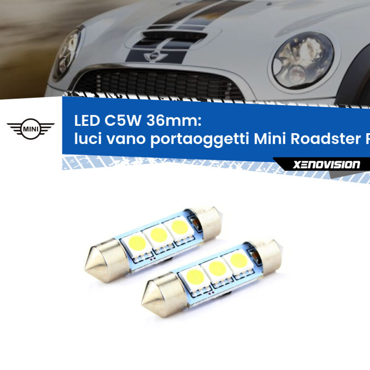 0 Luci Vano Portaoggetti LED c5w 36mm Mini Roadster R59 2012 - 2015 (Coppia) <strong>Luci Vano Portaoggetti LED per Mini Roadster</strong> R59 2012 - 2015. Coppia lampade <strong>C5W</strong> 36mm estremamente longeve.