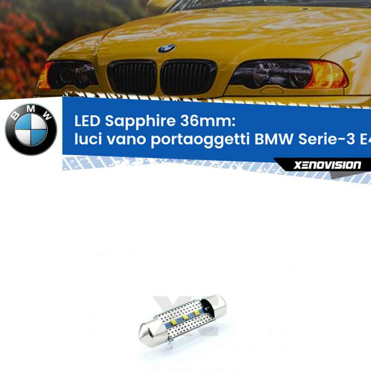 <strong>LED luci vano portaoggetti 36mm per BMW Serie-3</strong> E46 1998 - 2005. Lampade <strong>c5W</strong> modello Sapphire Xenovision con chip led Philips.