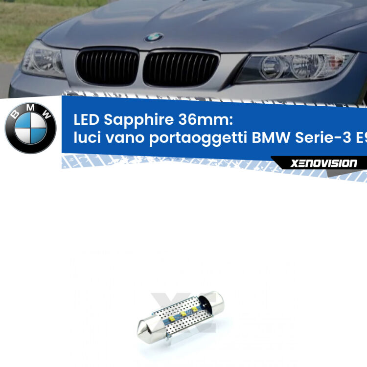 <strong>LED luci vano portaoggetti 36mm per BMW Serie-3</strong> E90 2005 - 2011. Lampade <strong>c5W</strong> modello Sapphire Xenovision con chip led Philips.