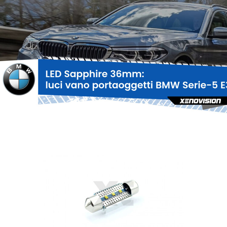 <strong>LED luci vano portaoggetti 36mm per BMW Serie-5</strong> E39 1996 - 2003. Lampade <strong>c5W</strong> modello Sapphire Xenovision con chip led Philips.