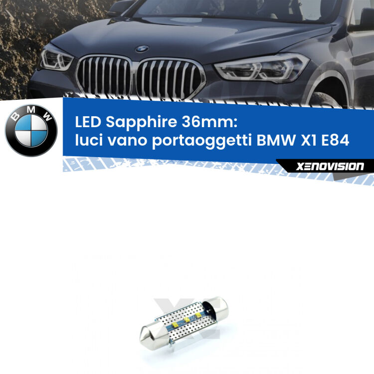 <strong>LED luci vano portaoggetti 36mm per BMW X1</strong> E84 2009 - 2015. Lampade <strong>c5W</strong> modello Sapphire Xenovision con chip led Philips.