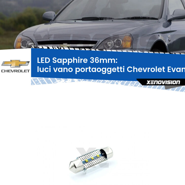 <strong>LED luci vano portaoggetti 36mm per Chevrolet Evanda</strong>  2005 - 2006. Lampade <strong>c5W</strong> modello Sapphire Xenovision con chip led Philips.