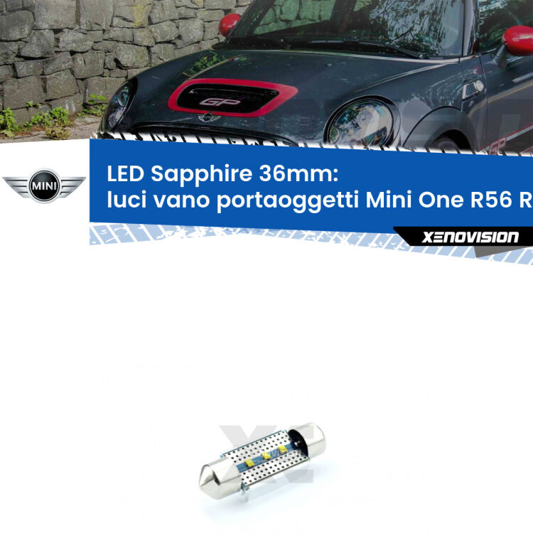 <strong>LED luci vano portaoggetti 36mm per Mini One</strong> R56 R57 2006 - 2013. Lampade <strong>c5W</strong> modello Sapphire Xenovision con chip led Philips.