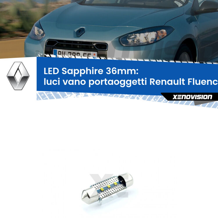 <strong>LED luci vano portaoggetti 36mm per Renault Fluence</strong>  2010 - 2015. Lampade <strong>c5W</strong> modello Sapphire Xenovision con chip led Philips.