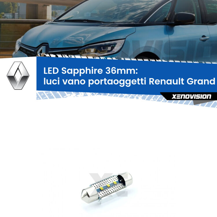 <strong>LED luci vano portaoggetti 36mm per Renault Grand scenic III</strong> Mk3 2009 - 2015. Lampade <strong>c5W</strong> modello Sapphire Xenovision con chip led Philips.