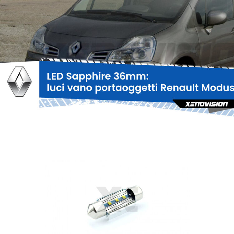 <strong>LED luci vano portaoggetti 36mm per Renault Modus</strong>  2004 - 2012. Lampade <strong>c5W</strong> modello Sapphire Xenovision con chip led Philips.