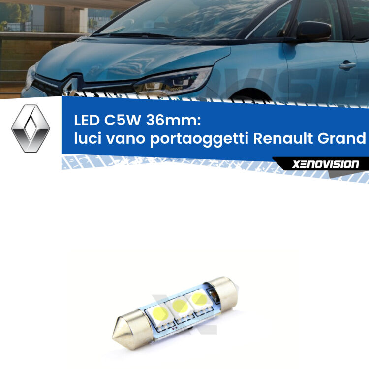 LED Luci Vano Portaoggetti Renault Grand scenic III Mk3 2009 - 2015. Una lampadina led innesto C5W 36mm canbus estremamente longeva.