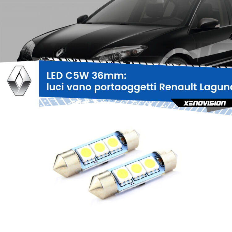 0 Luci Vano Portaoggetti LED c5w 36mm Renault Laguna III X91 2007 - 2015 (Coppia) <strong>Luci Vano Portaoggetti LED per Renault Laguna III</strong> X91 2007 - 2015. Coppia lampade <strong>C5W</strong> 36mm estremamente longeve.