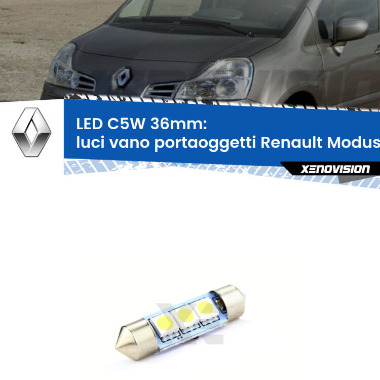 LED Luci Vano Portaoggetti Renault Modus  2004 - 2012. Una lampadina led innesto C5W 36mm canbus estremamente longeva.