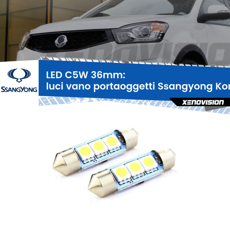 0 Luci Vano Portaoggetti LED c5w 36mm Ssangyong Korando Mk3 2010 - 2019 (Coppia) <strong>Luci Vano Portaoggetti LED per Ssangyong Korando</strong> Mk3 2010 - 2019. Coppia lampade <strong>C5W</strong> 36mm estremamente longeve.