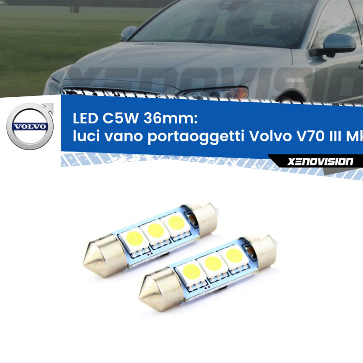 0 Luci Vano Portaoggetti LED c5w 36mm Volvo V70 III Mk3 2008 - 2016 (Coppia) <strong>Luci Vano Portaoggetti LED per Volvo V70 III</strong> Mk3 2008 - 2016. Coppia lampade <strong>C5W</strong> 36mm estremamente longeve.